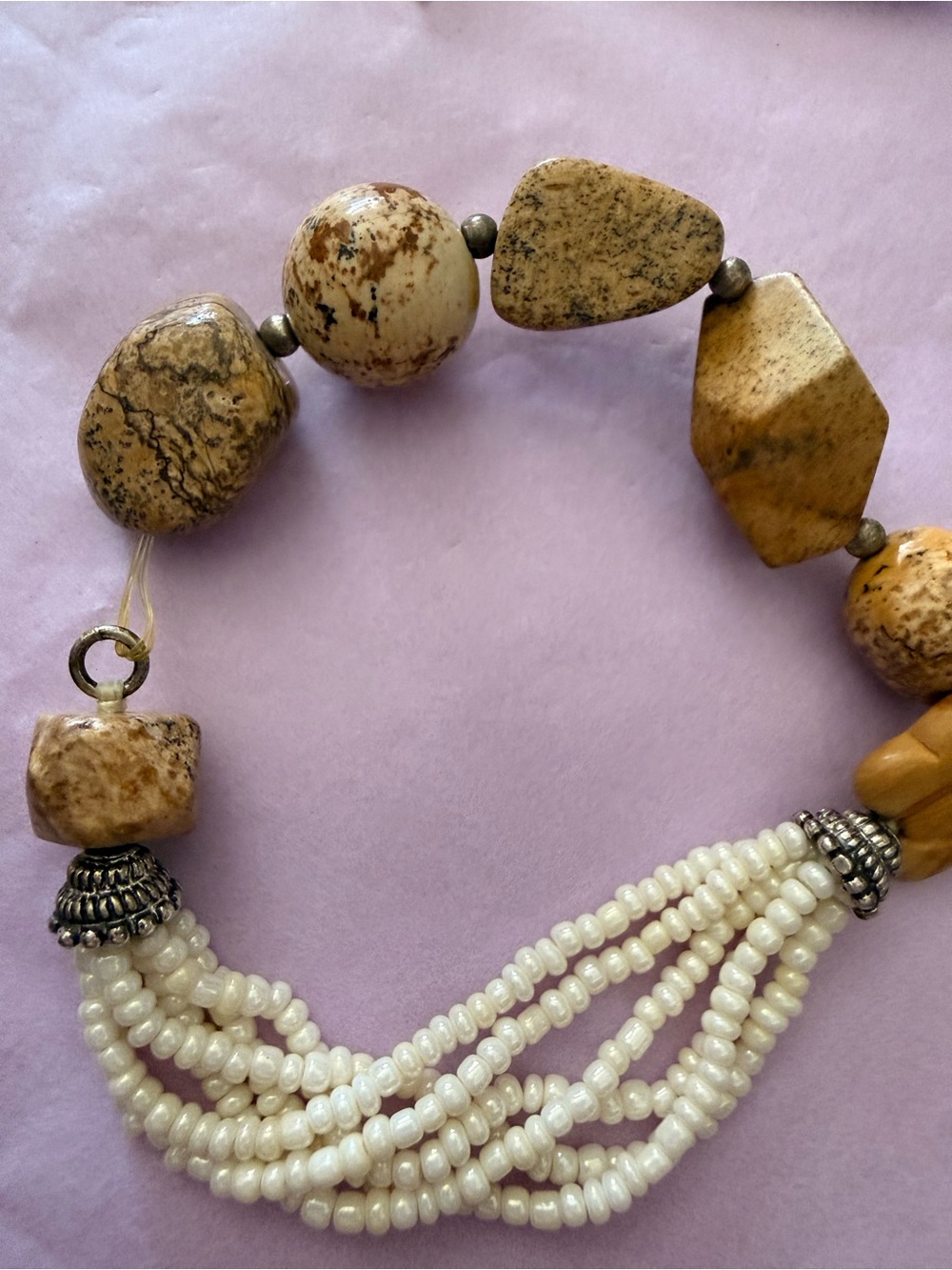 Vintage Picture Jasper Stone Beaded Stretch Bracelet Boho